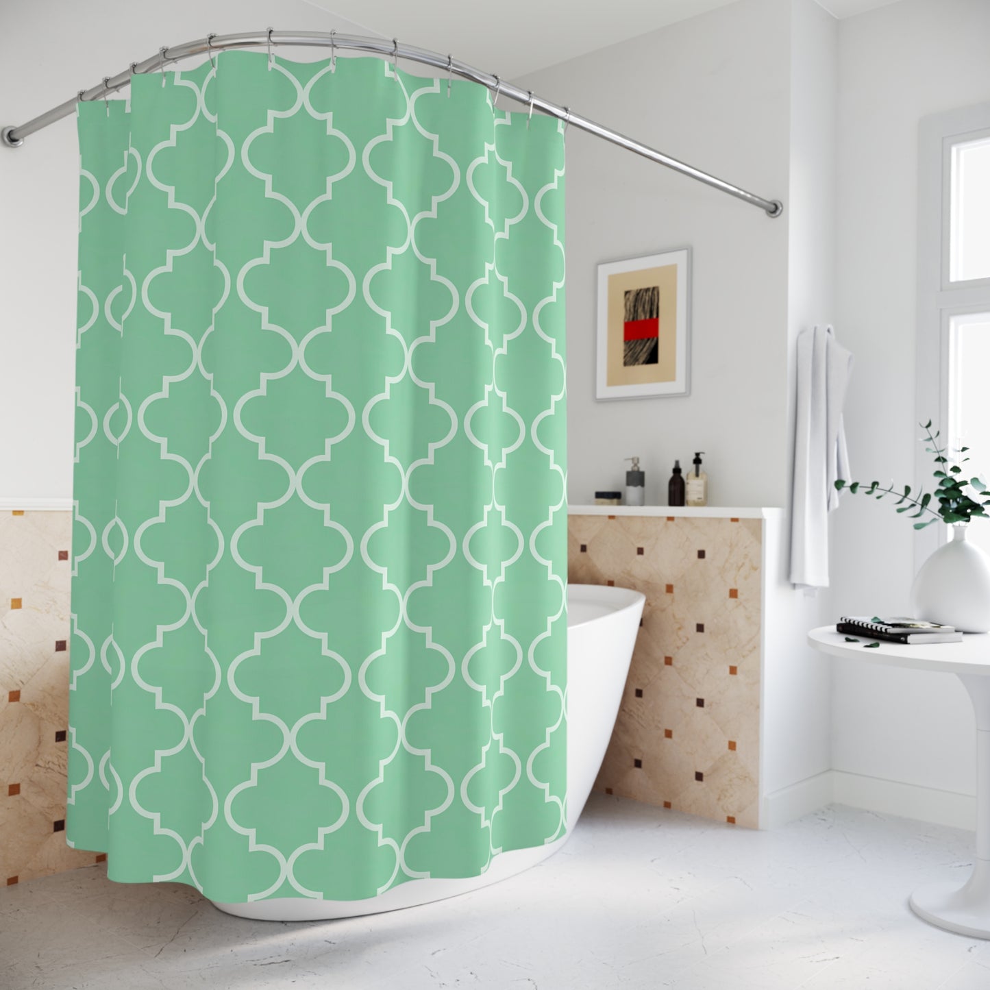 Modern Geometric Shower Curtain | Fresh Mint Decor, Bathroom Accessory, Home Makeover, Gift for Her, Stylish Bath,Teal Moroccan Quatrefoil - LOLA VEGAS ART