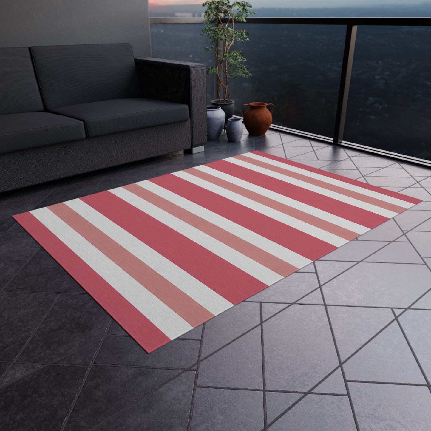 Light Pink Medium Pink White Striped Outdoor/Indoor Rug | Patio Mat
