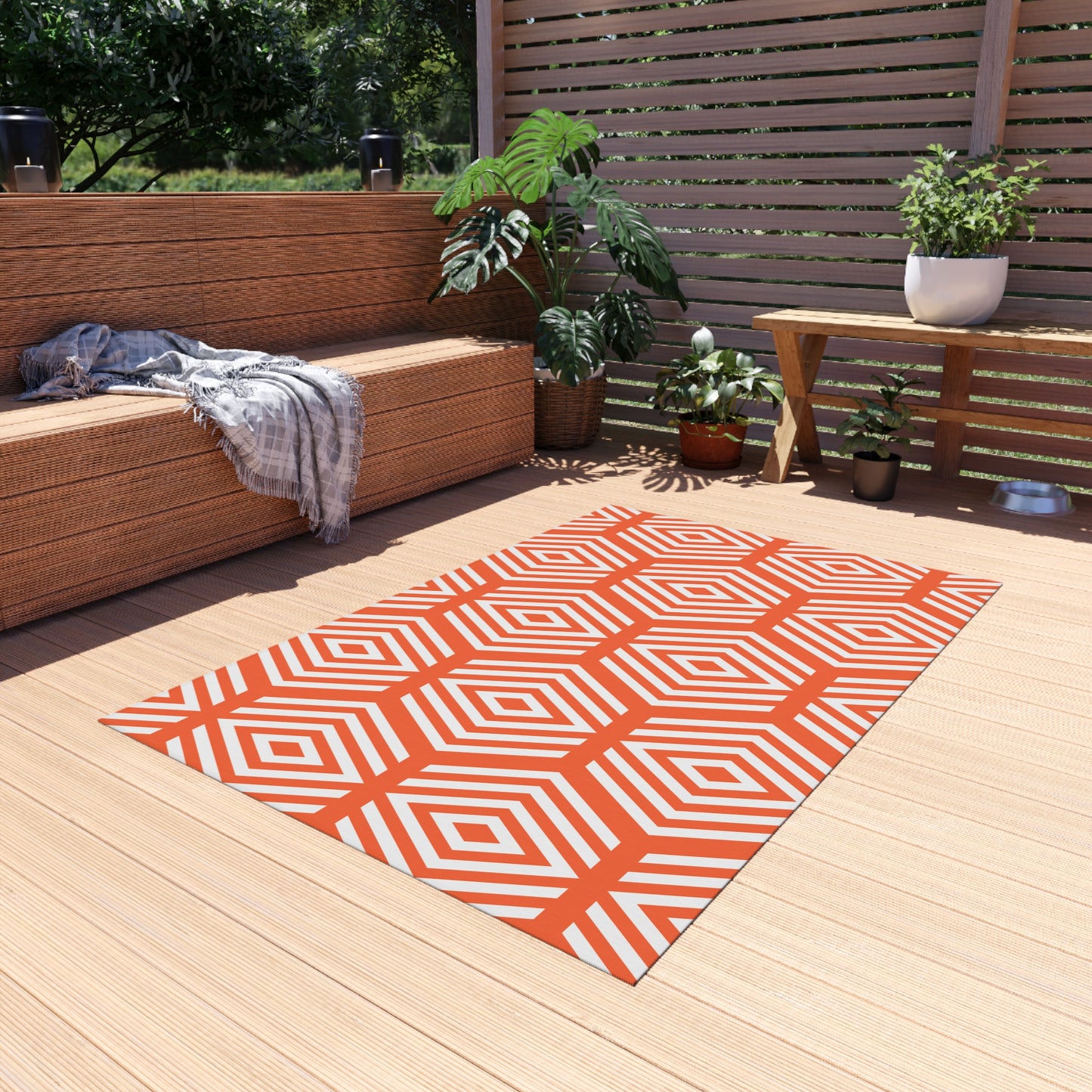 Geometric Hexagon Pattern Outdoor/Indoor Rug | Orange White Diamond Patio Mat