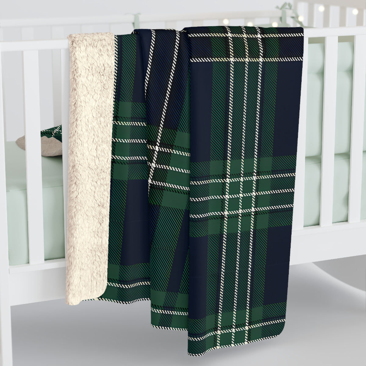 Green Navy Tartan Plaid Blanket | Sherpa Fleece Reversible