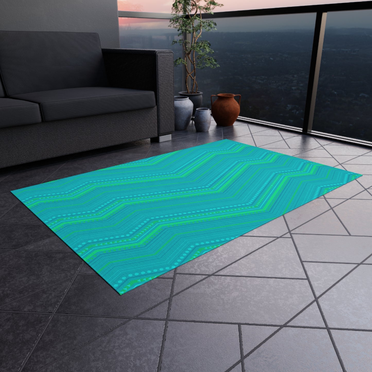 Turquoise Chevron Zigzag Outdoor/Indoor Rug | Patterned Patio Mat