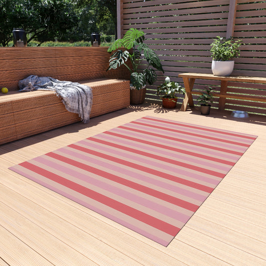 Coral Pink Beige Striped Pattern Outdoor Rug | Patio Mat, Fade-Resistant Stripes