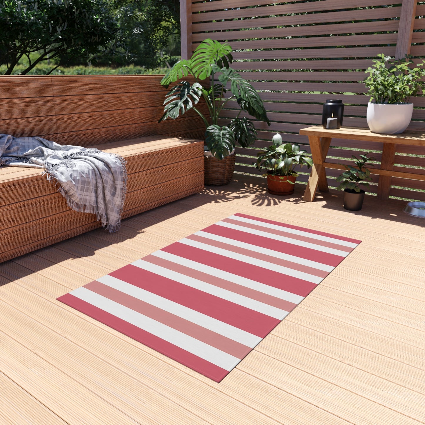 Light Pink Medium Pink White Striped Outdoor/Indoor Rug | Patio Mat