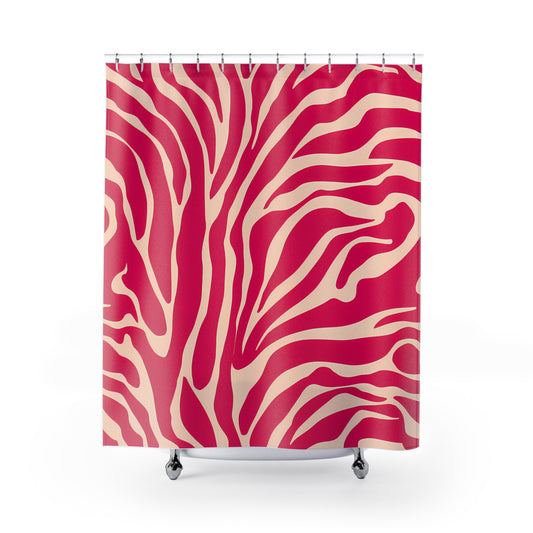 Zebra Stripe Shower Curtains, Red Pink Luxury Bath Decor, Glamorous Bathroom Accessories, Off-White Curtain Set, Designer Home Decoration