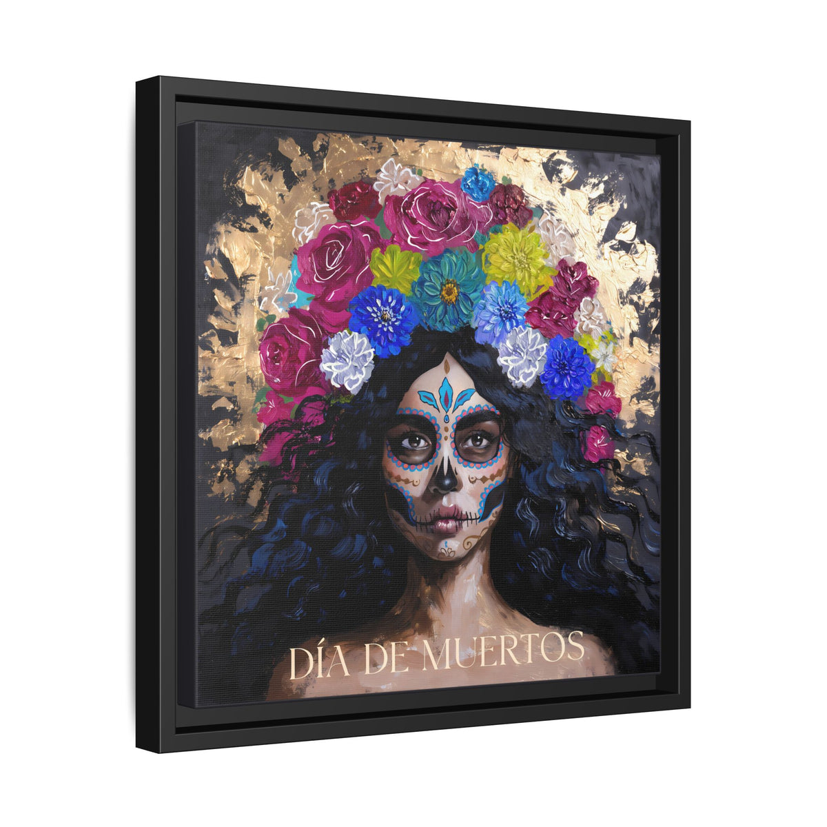 Día de Muertos Sugar Skull Woman Matte Canvas Framed | Floral Headdress Wall Art