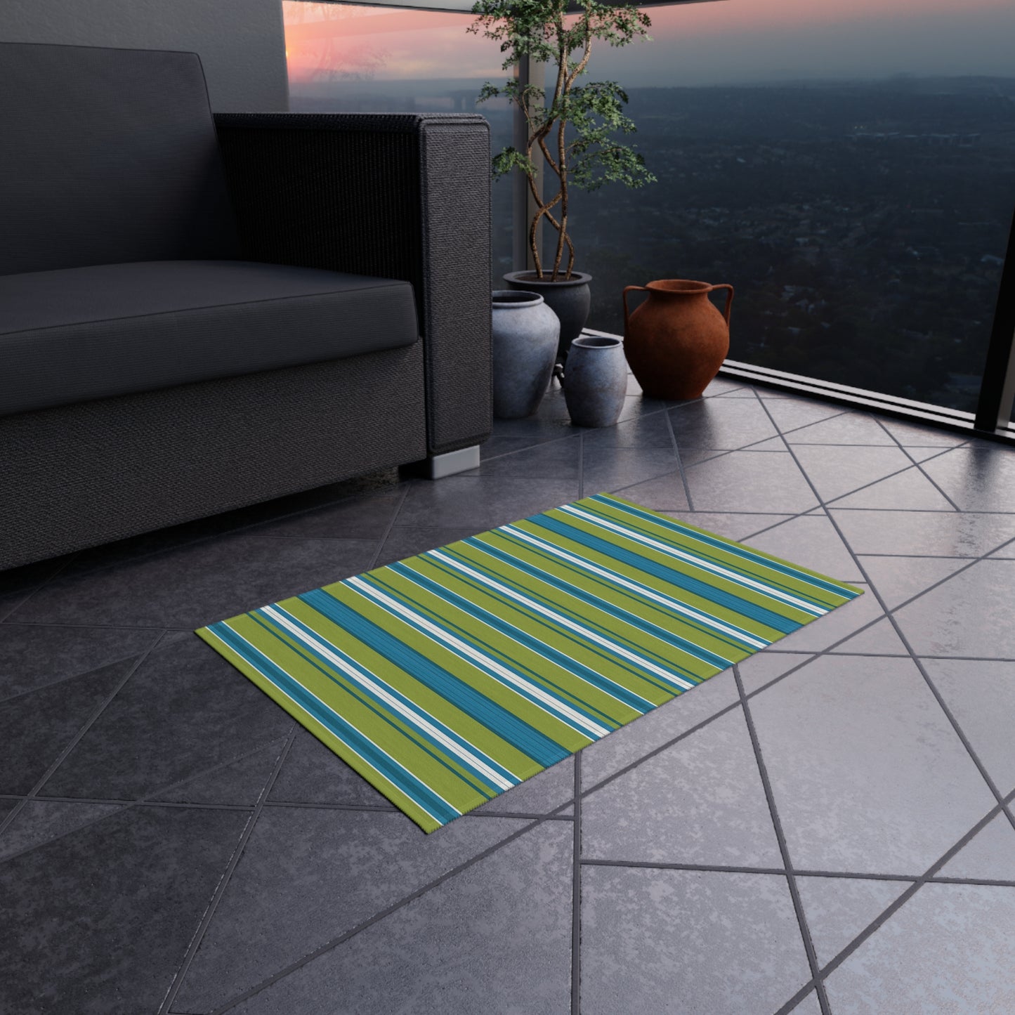 Blue Green White Stripe Outdoor/Indoor Rug | Patio Deck Mat