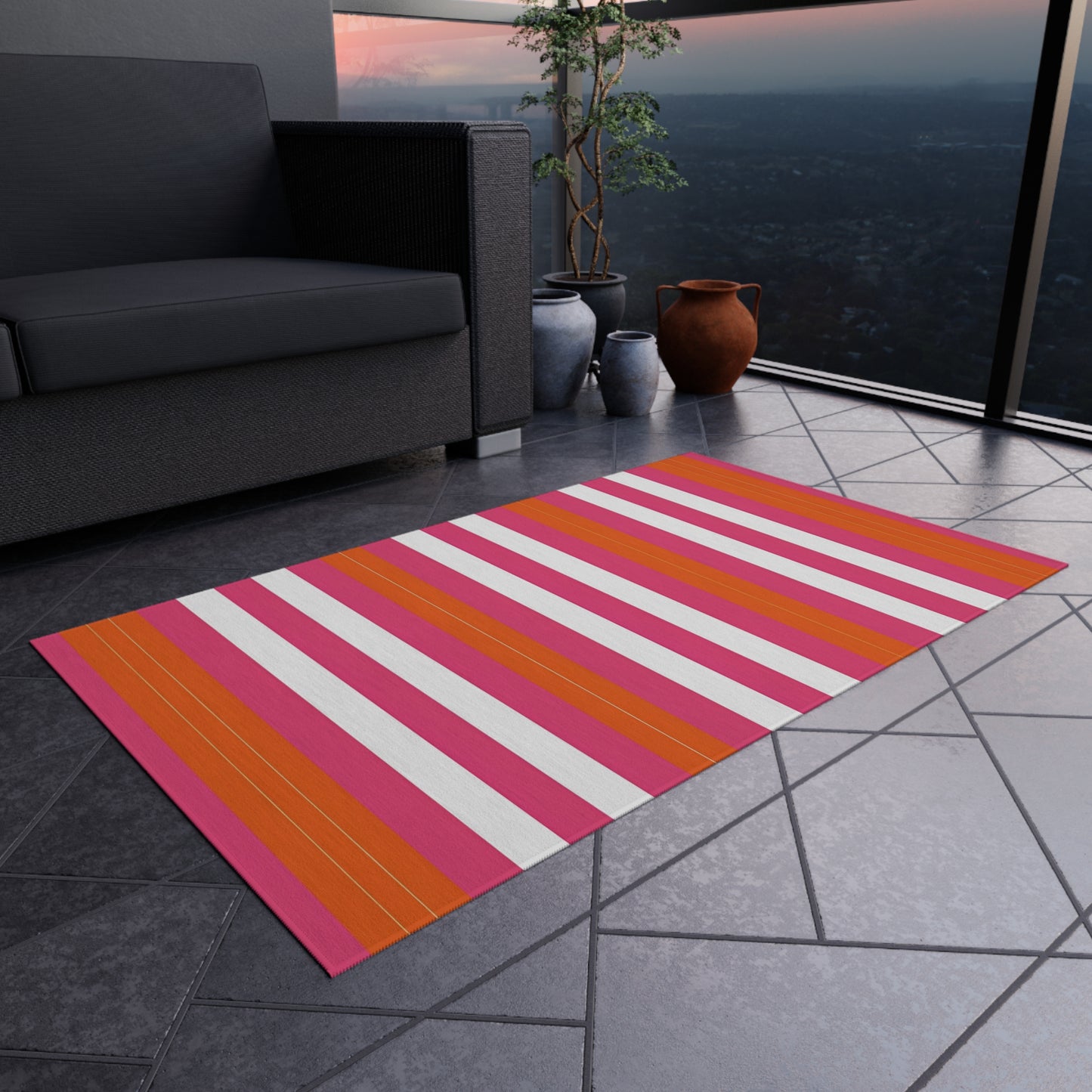 Bright Pink Orange Stripe Outdoor/Indoor Rug | Patio Mat, Weatherproof