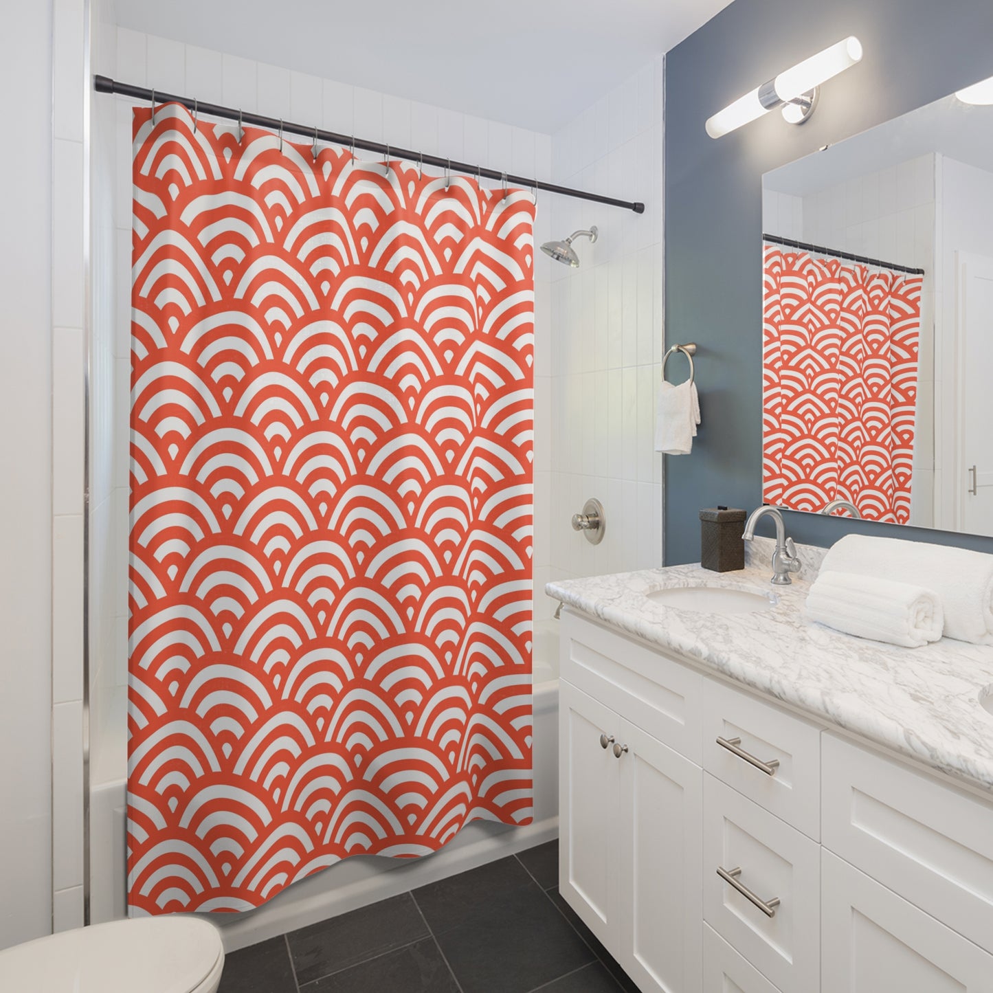 Orange Scallop Wave Pattern Shower Curtain | Japanese Seigaiha Style