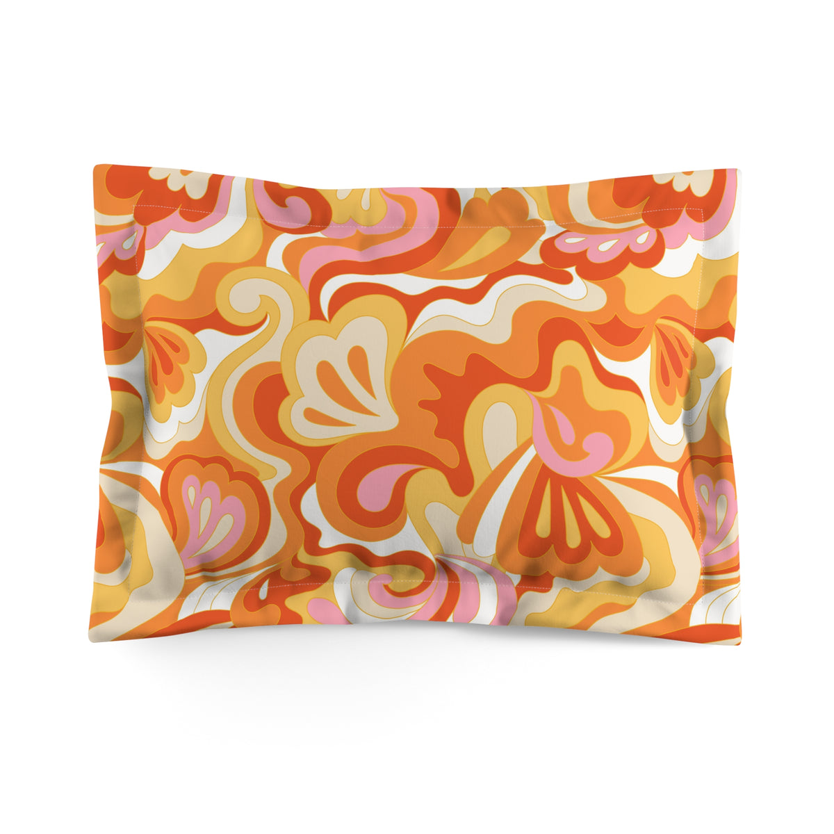 Retro Floral Swirl Microfiber Pillow Sham | 70s Orange Boho Bedding