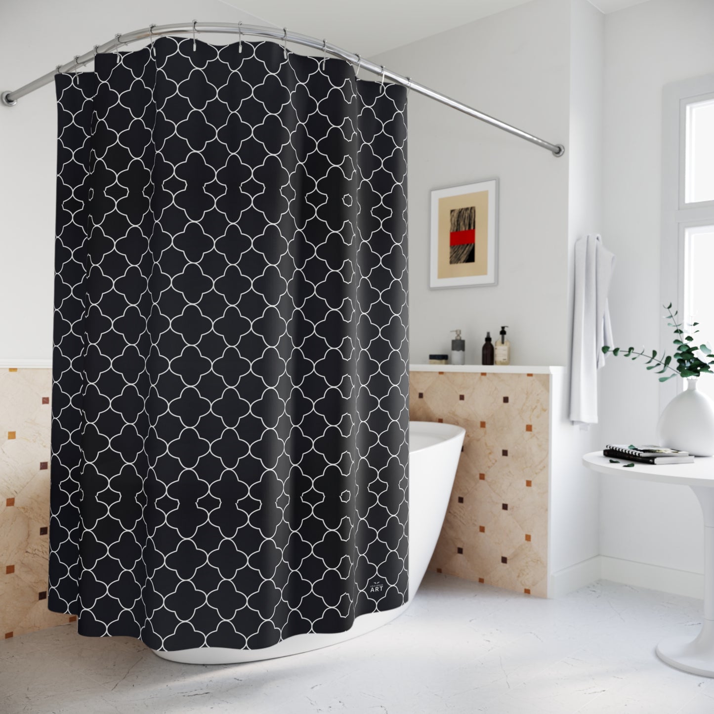 Black and White Quatrefoil  Pattern Shower Curtain | Elegant Geometric Bath Decor, Classy Bathroom Accessory