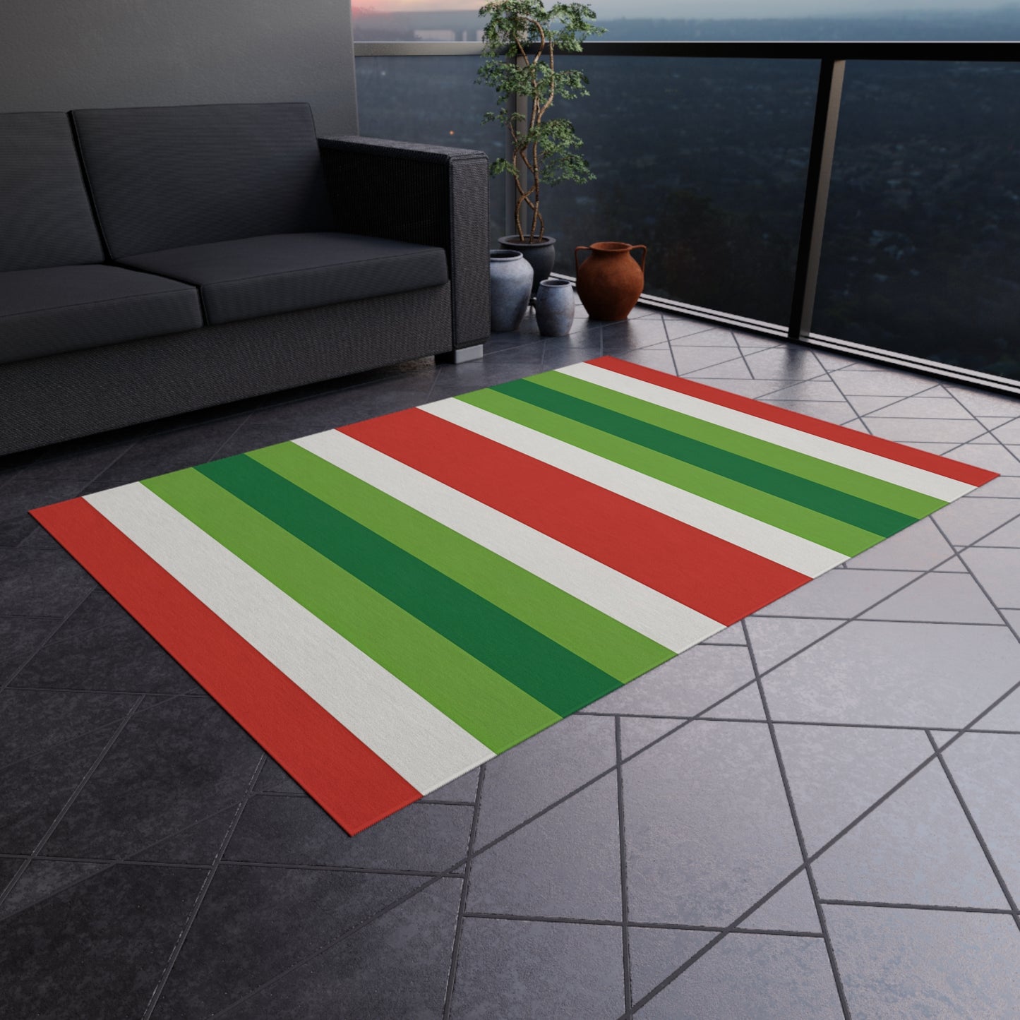 Red White Green Stripe Outdoor Rug | Patio Deck Mat