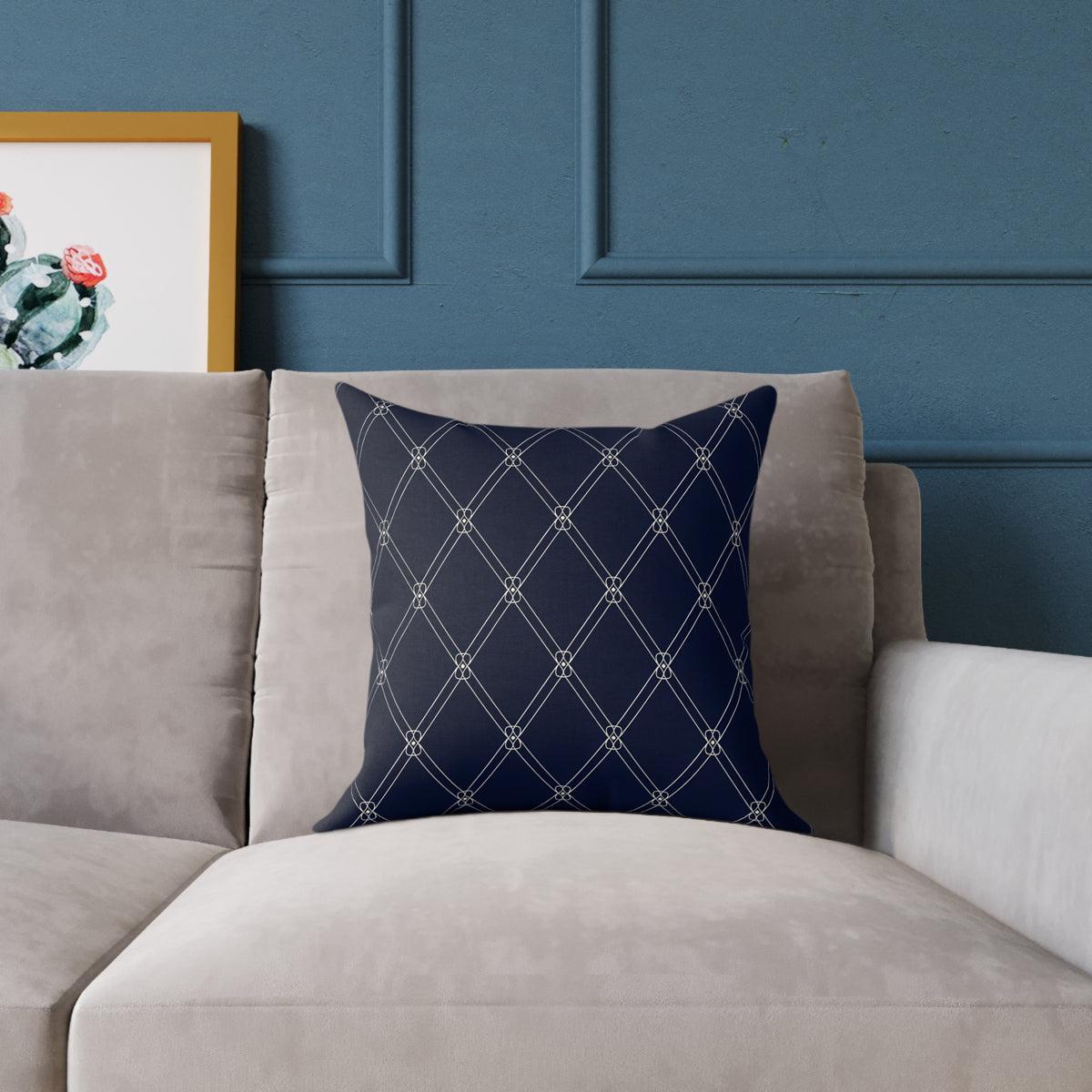 Navy  White Diamond Lattice Pattern Pillow | Square Poly Canvas Pillow