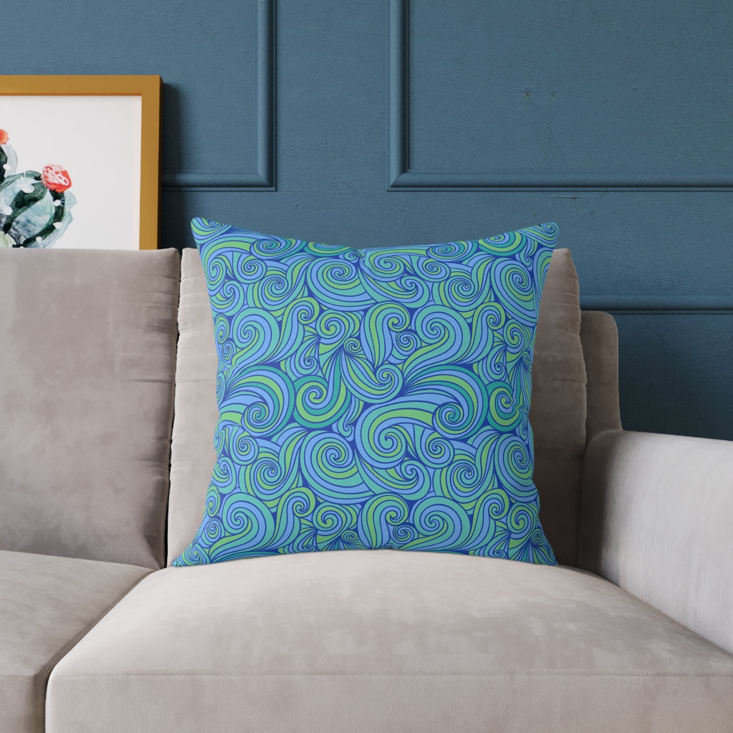 Blue Green Swirl Pattern Pillow | Square Poly Canvas Pillow