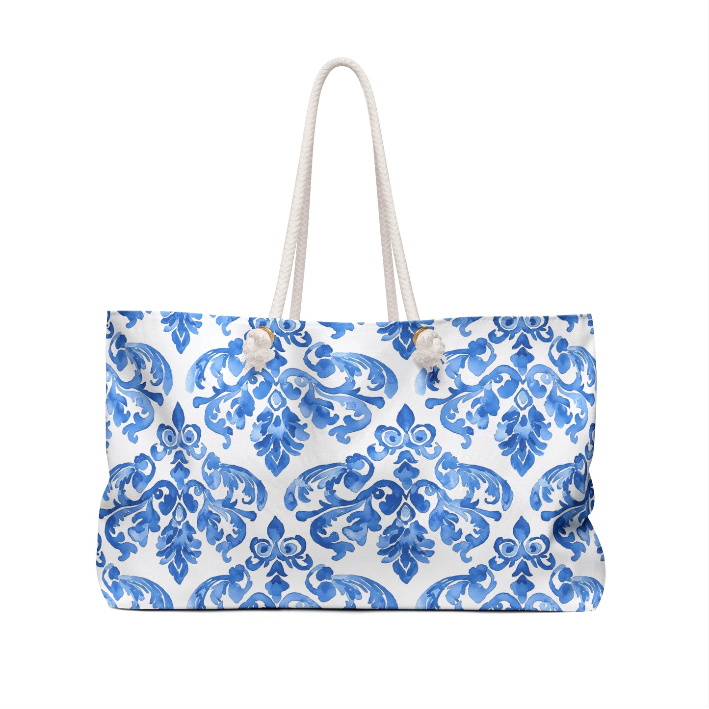 Elegant Blue and White Damask Weekender Bag, Beach Tote, Travel Bag, Overnight Bag, Stylish Carry-On, Perfect for Weekend Getaways