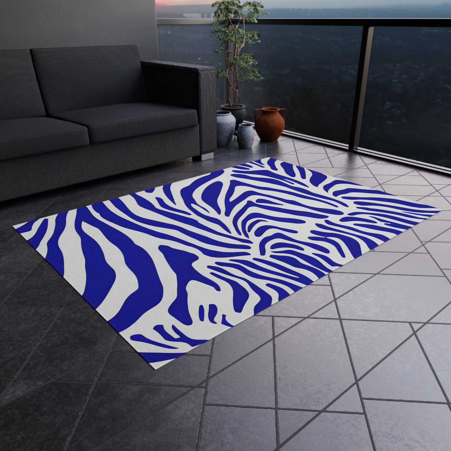 Blue White Zebra Print Outdoor/Indoor Rug | Bold Animal Stripe Patio Mat