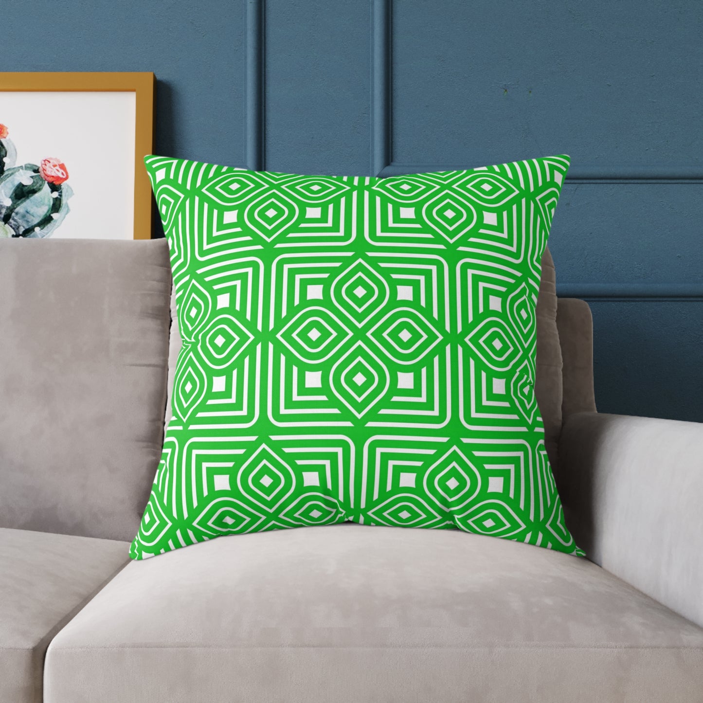 Geometric Diamond Tile Square Pillow | Green White Pattern Throw Pillow