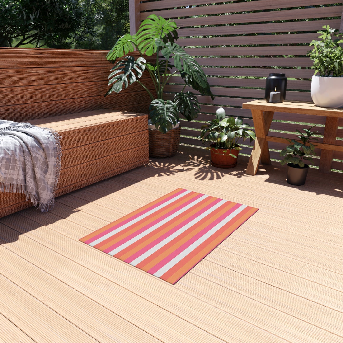 Coral Pink Striped Outdoor Rug | Patio Mat, Water-Resistant