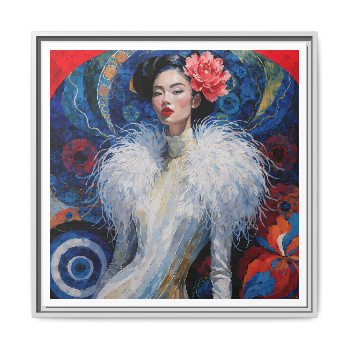 Floral Portrait  Asian Woman Matte Canvas Framed | Colorful Modern Wall Art
