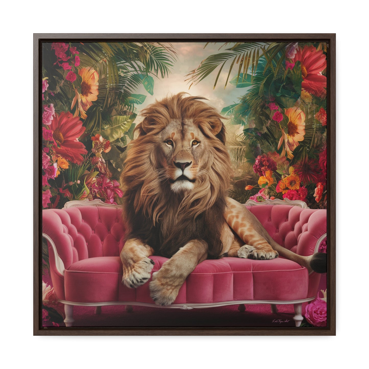 Lion King Square Canvas Wall Art, Majestic Regal Lion with Beautiful Mane on Pink Velvet Couch, Tropical Flowers, Framed Gallery Prints,