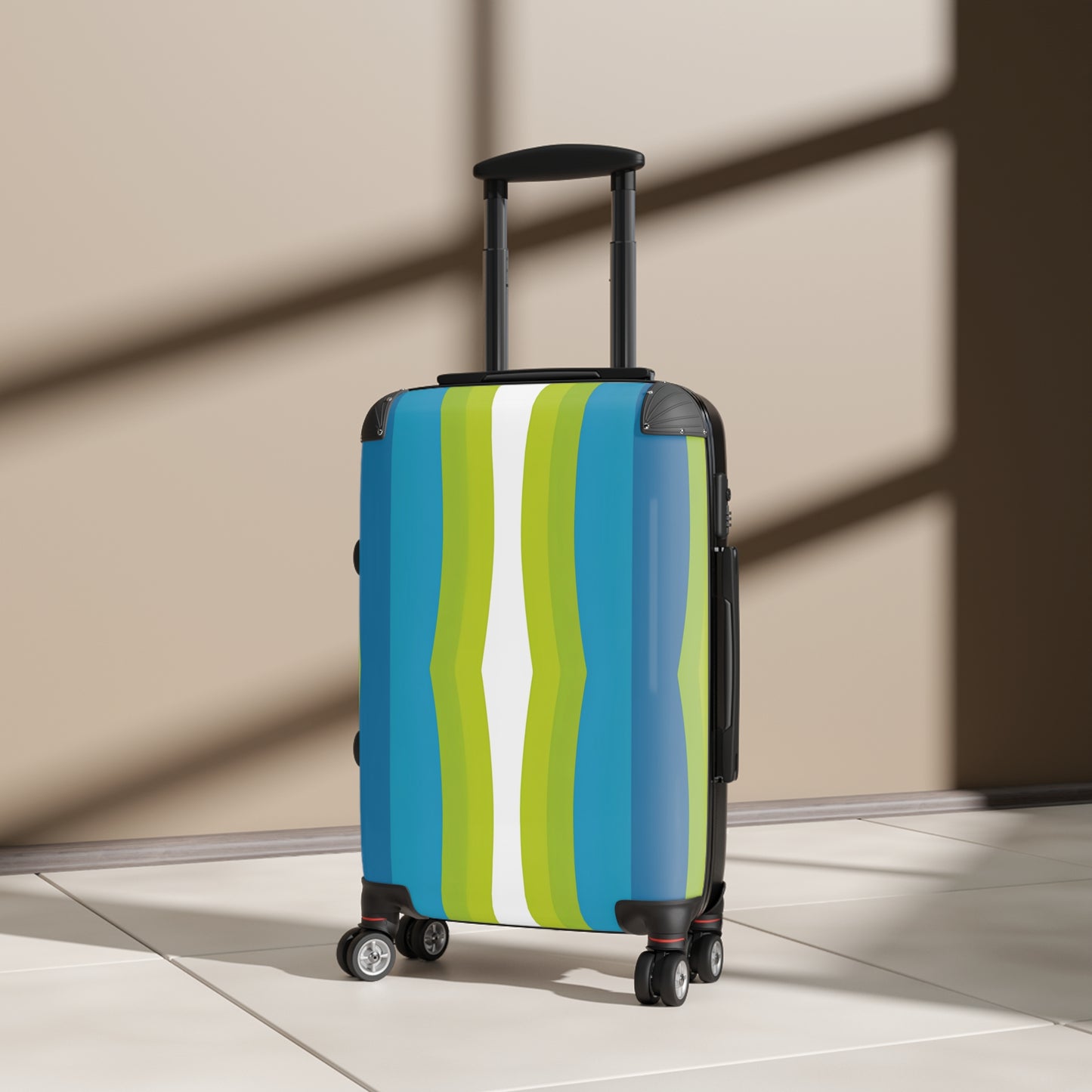 Blue Green Wave Stripe Suitcase | Travel Luggage