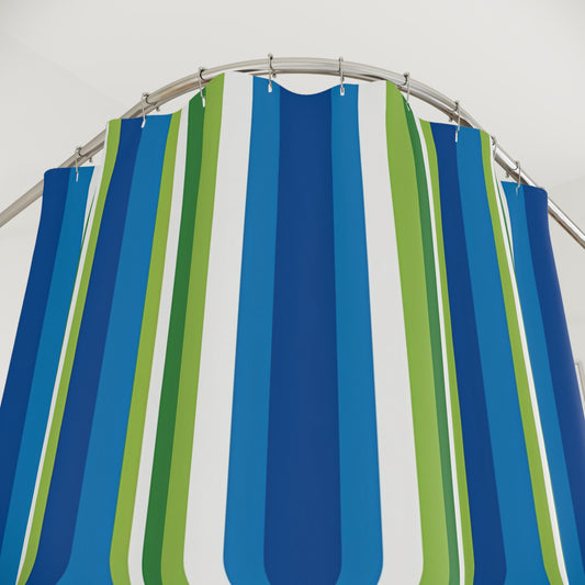 Blue Green Vertical Stripes Shower Curtain | Modern Coastal Bathroom