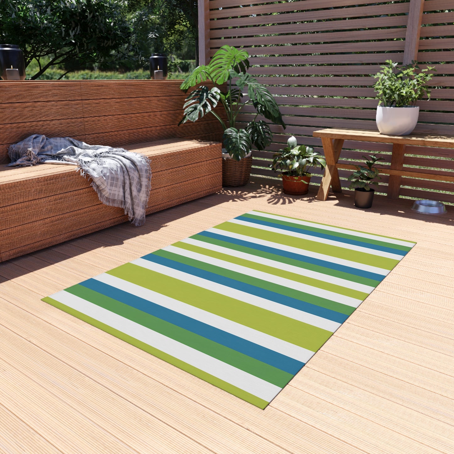 Blue Green Stripe Outdoor/Indoor Rug | Patio Mat, Weatherproof Porch Rug