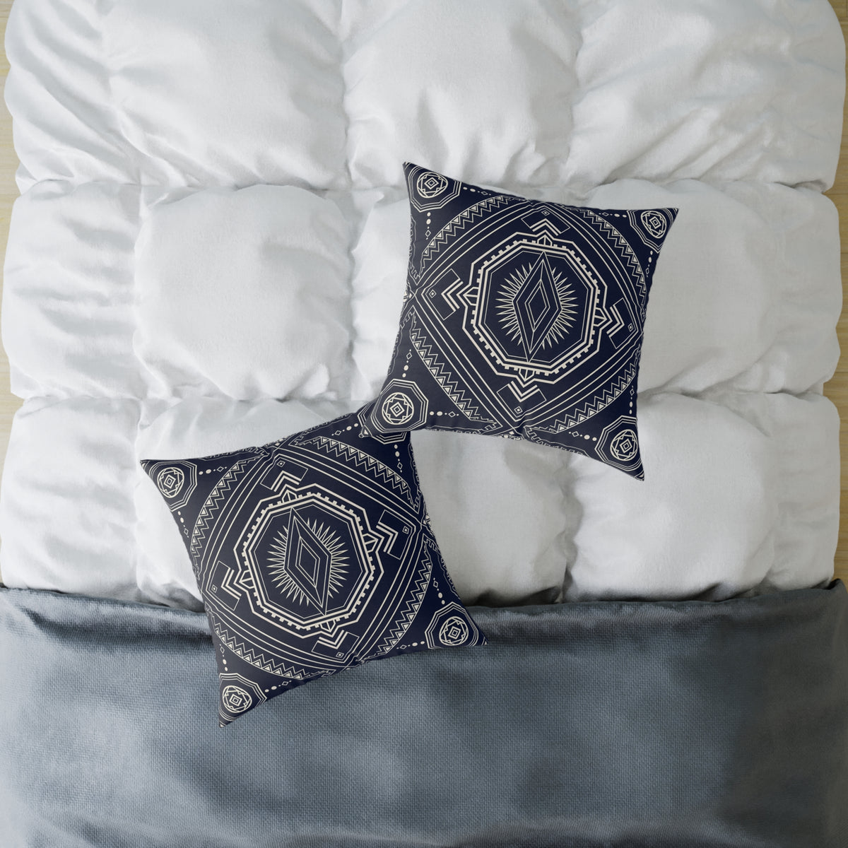 Navy Aztec Mandala Square Pillow | Geometric Boho Throw Pillow