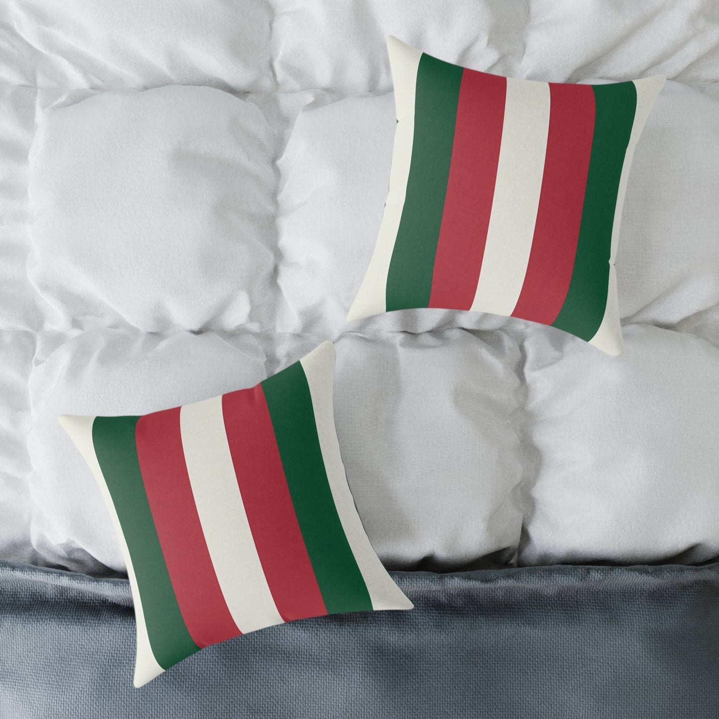 Green Red White Stripe Pillow | Square Poly Canvas Pillow