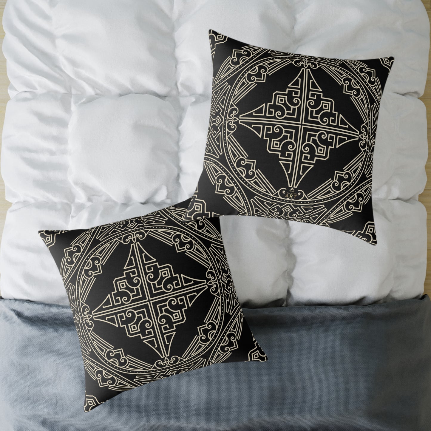 Black and Off-White Geometric Celtic Knot Square Pillow | Poly Canvas Throw Pillow