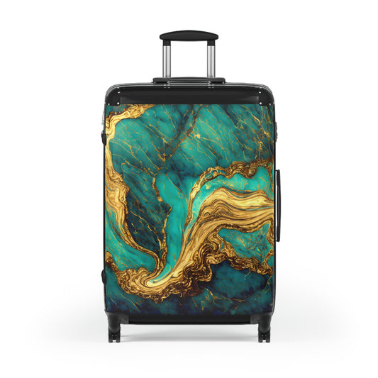 Suitcase, Travel Luggage, Rolling Bag, Green and Gold Marbleized Print, Stunning Travel Accessory