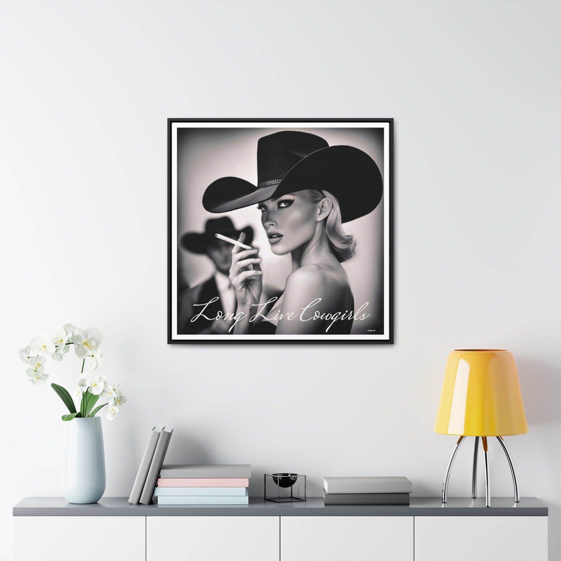 Square Frame Wall Art, Fashion Photography, Cowgirl Decor, Gallery Canvas Wraps, Glam Girl Gift, Black and White Photo Print - LOLA VEGAS ART
