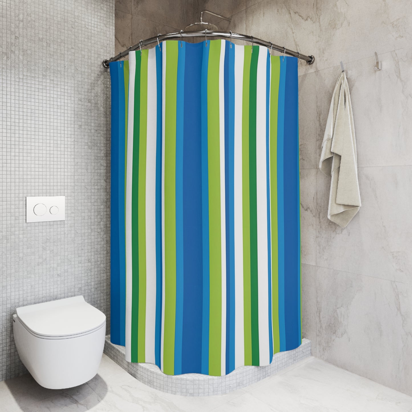 Blue Green Vertical Stripes Shower Curtain | Coastal Bathroom Curtain