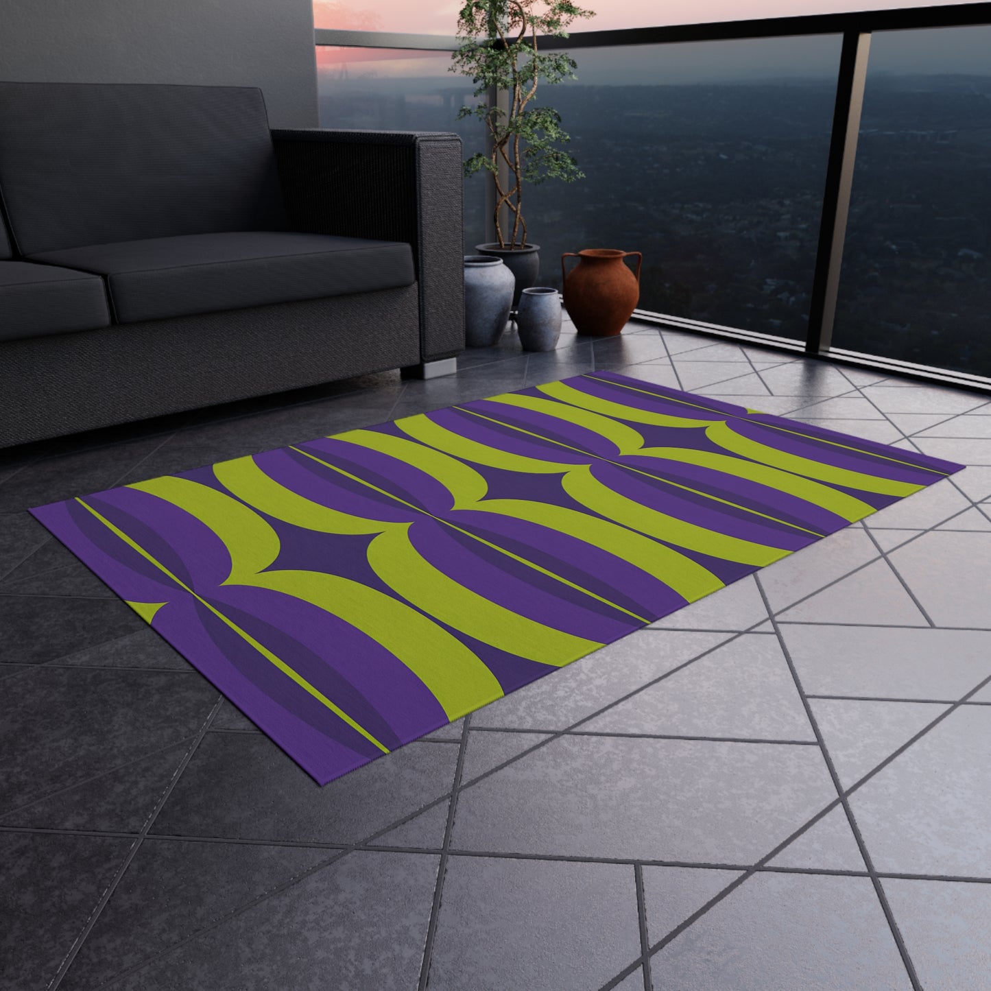 Green and Purple Mid-Century Geometric Outdoor/Indoor Rug | Retro Pattern Patio Mat