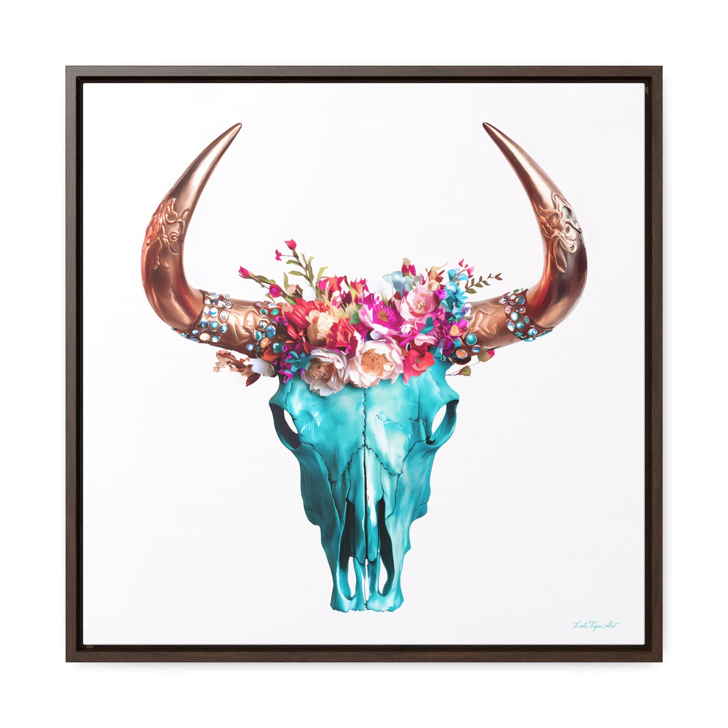 Boho Turquoise Skull Head Square Frame Gallery Canvas Wrap Wall Art, Eclectic Native American Chic, Hippie Floral Horns Decor, Southwest