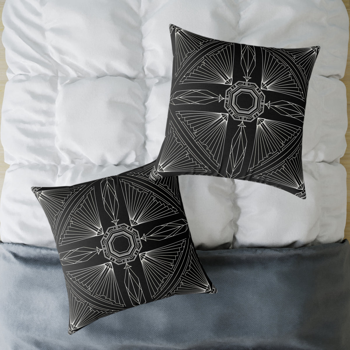 Art Deco Black White Geometric Pattern Pillow | Square Poly Canvas Pillow