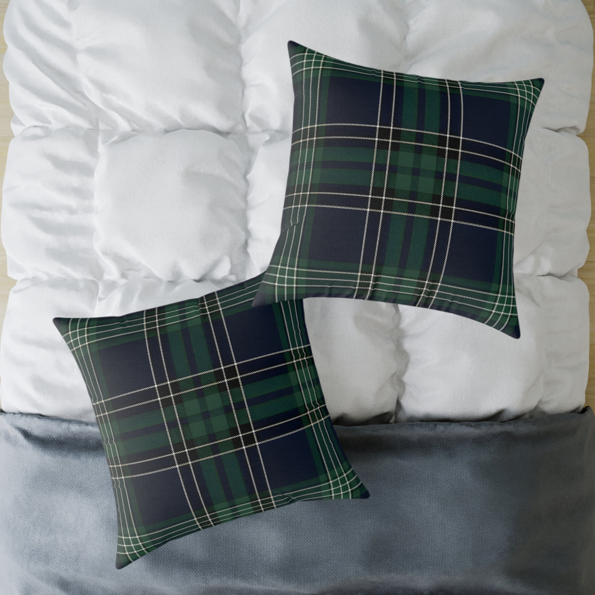Green Navy White Tartan Plaid Square Poly Canvas Pillow | Woodland Plaid Throw Pillow