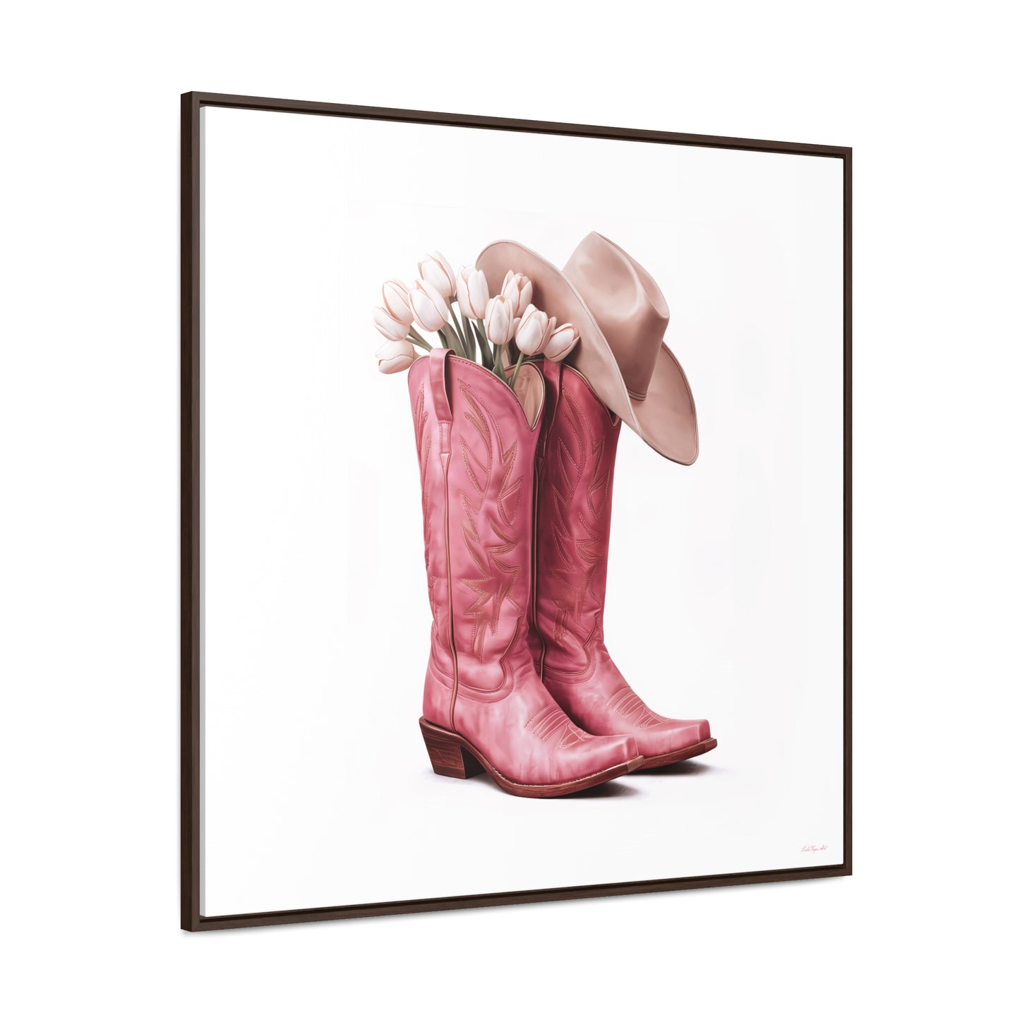 Cowgirl Pink Cowboy Boots White Tulips Square Canvas Wall Art, Southwestern Home Decor, Western Cowgirl Gift, Pink Floral Wall Decor, Square - LOLA VEGAS ART