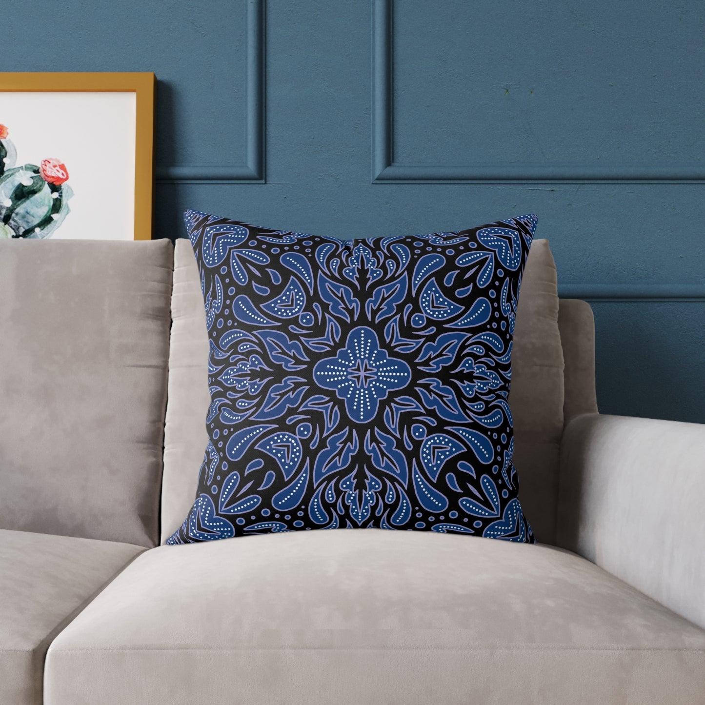 Blue Mandala Pattern Pillow | Boho Decorative Square Throw Pillow
