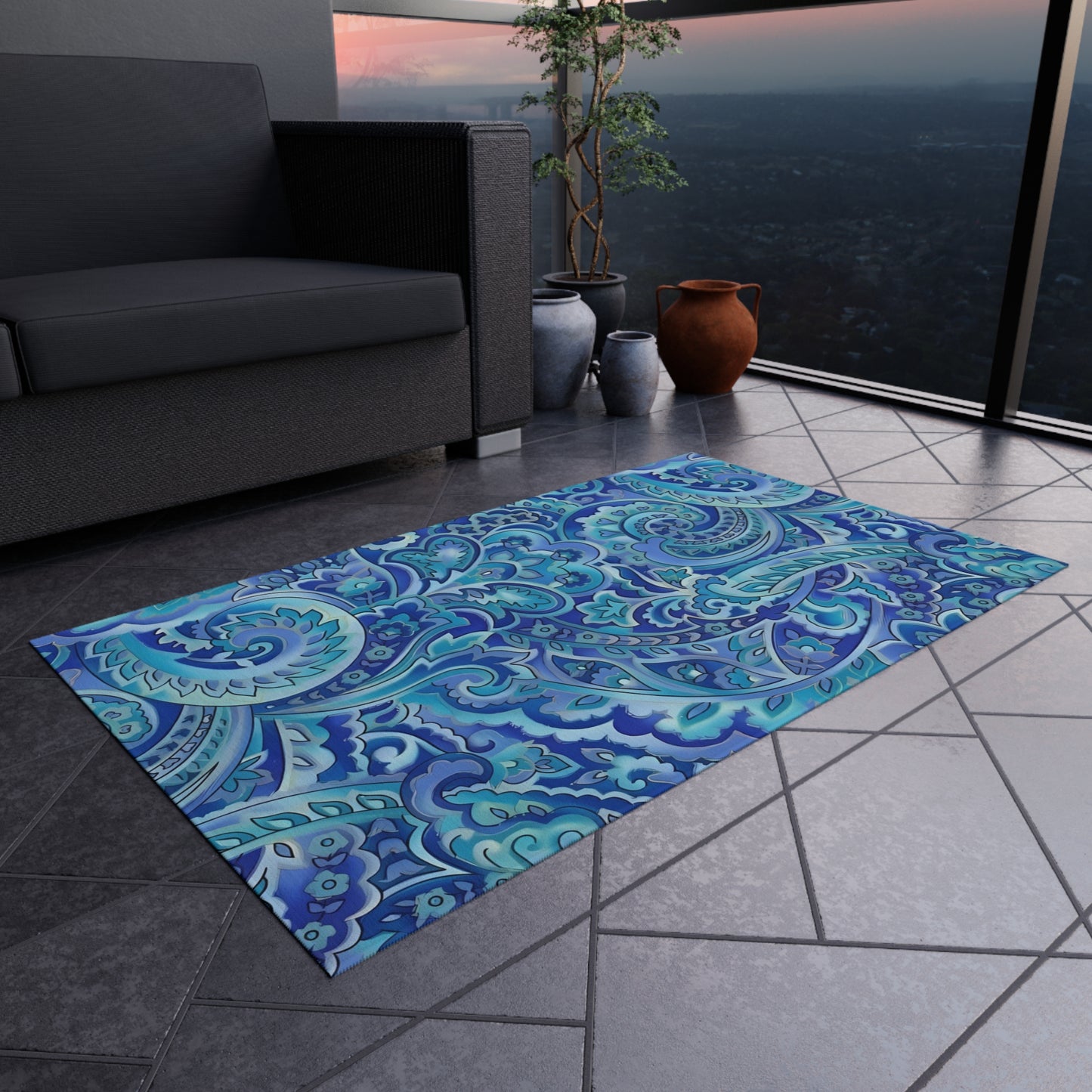 Blue Paisley Pattern Outdoor/Indoor Rug | Waterproof Patio Mat