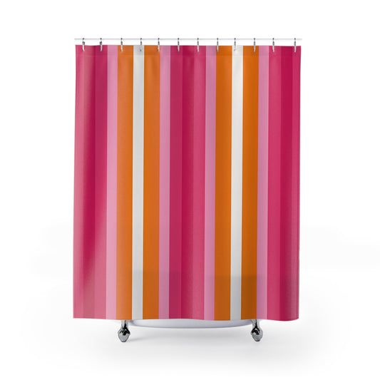 Pink Orange Stripe Shower Curtain | Retro Vertical Stripes Bathroom