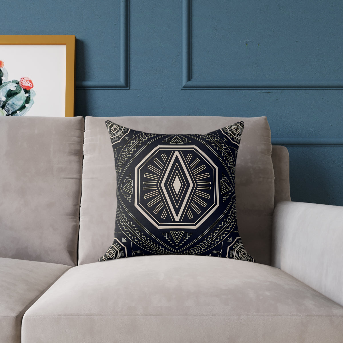 Geometric Black & Cream Tribal Medallion Square Pillow | Boho Aztec Pattern