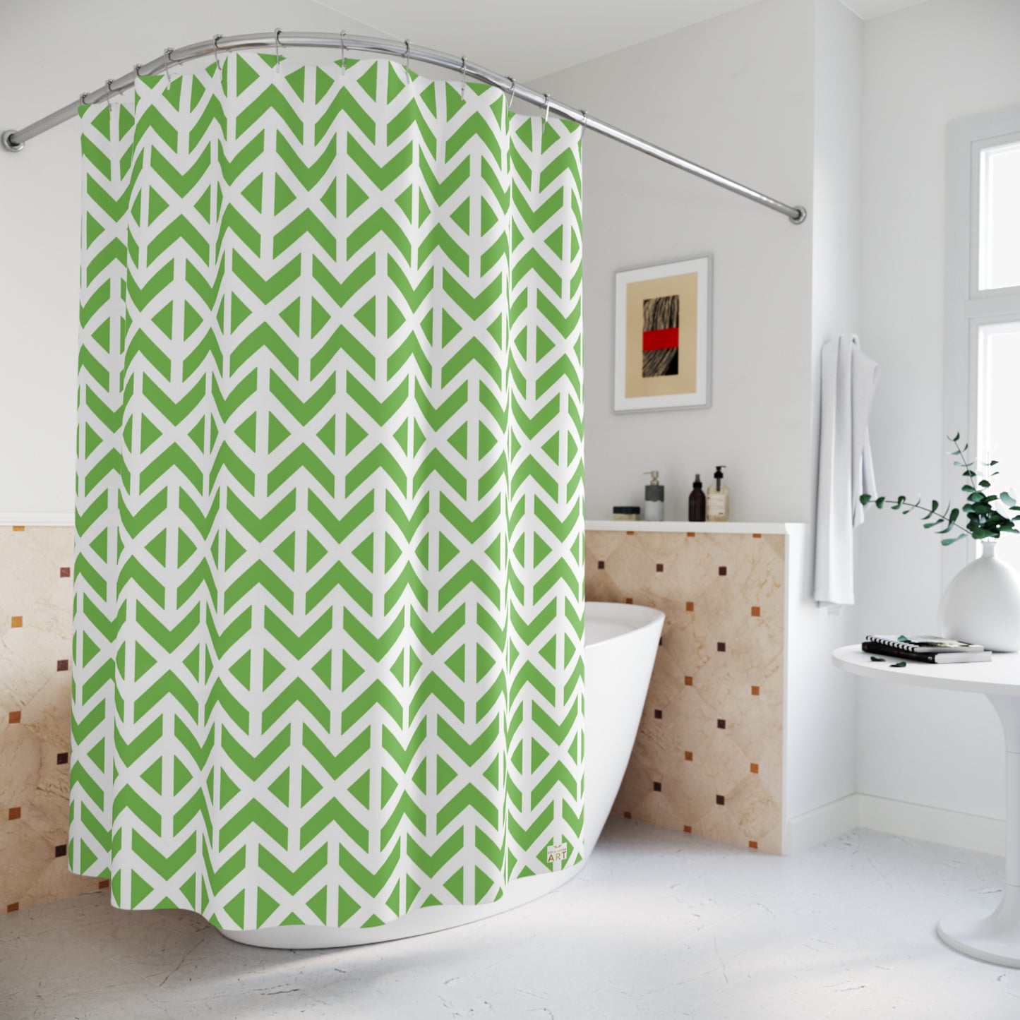 Green Geometric Arrow Pattern Shower Curtain | Modern Boho Bath, Eclectic Bathroom Accessory