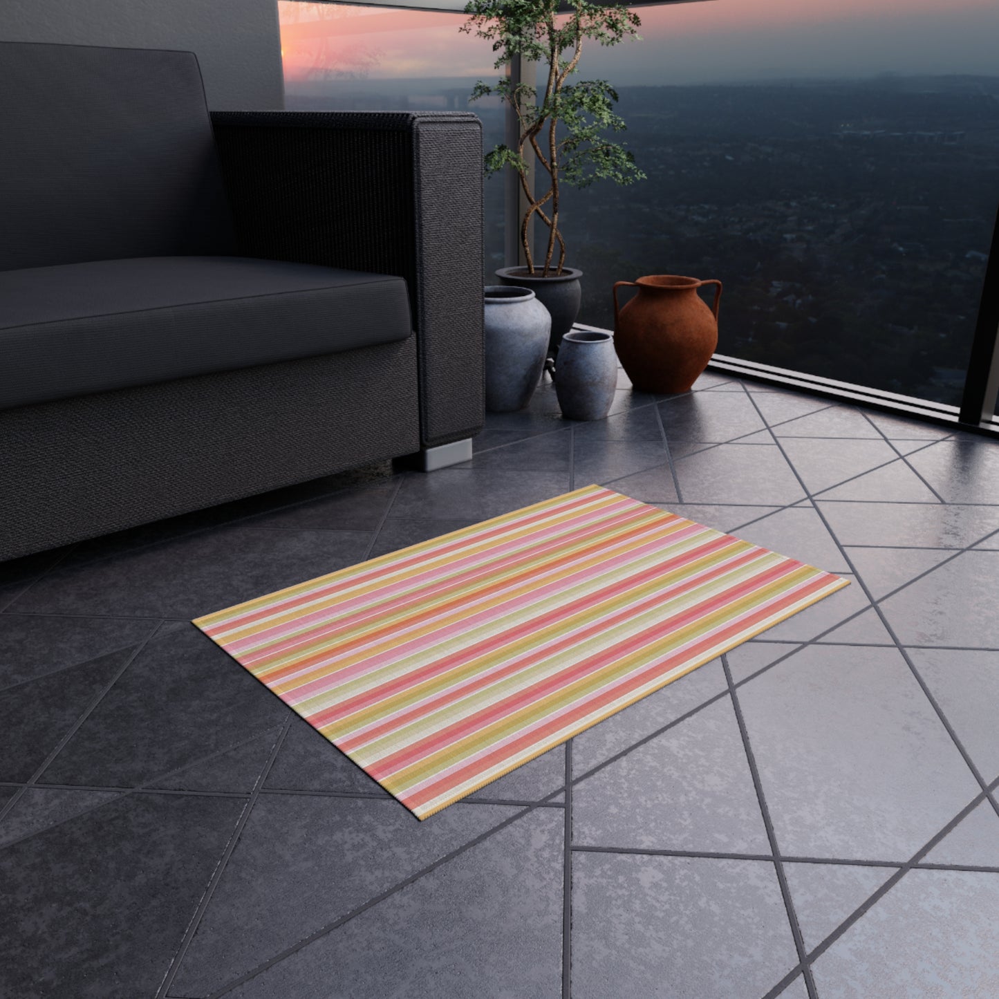 Striped Pastel Outdoor Rug | Pink Yellow Green Patio Mat