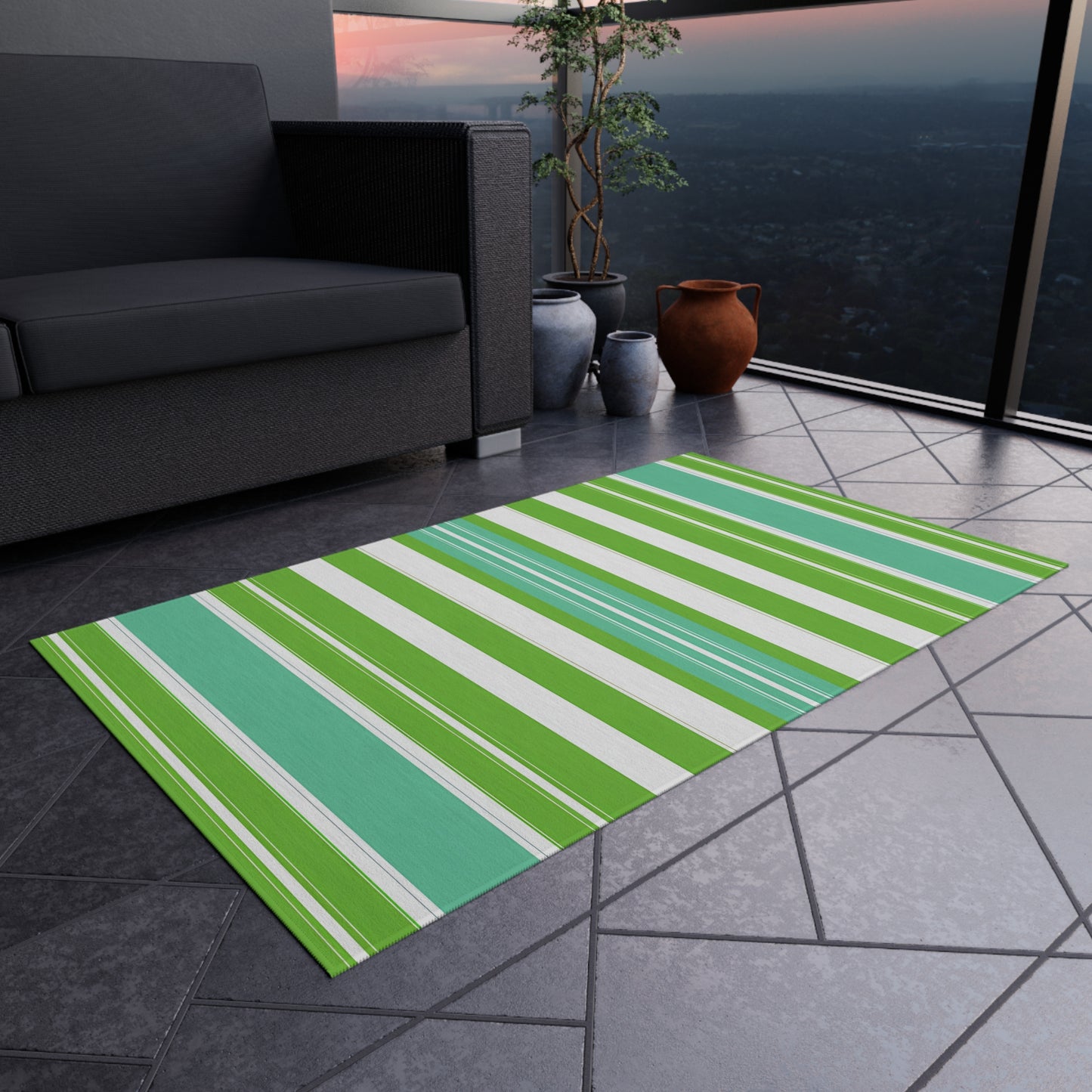 Green Blue White Stripe Outdoor/Indoor Rug | Patio Mat, Weatherproof Area Rug