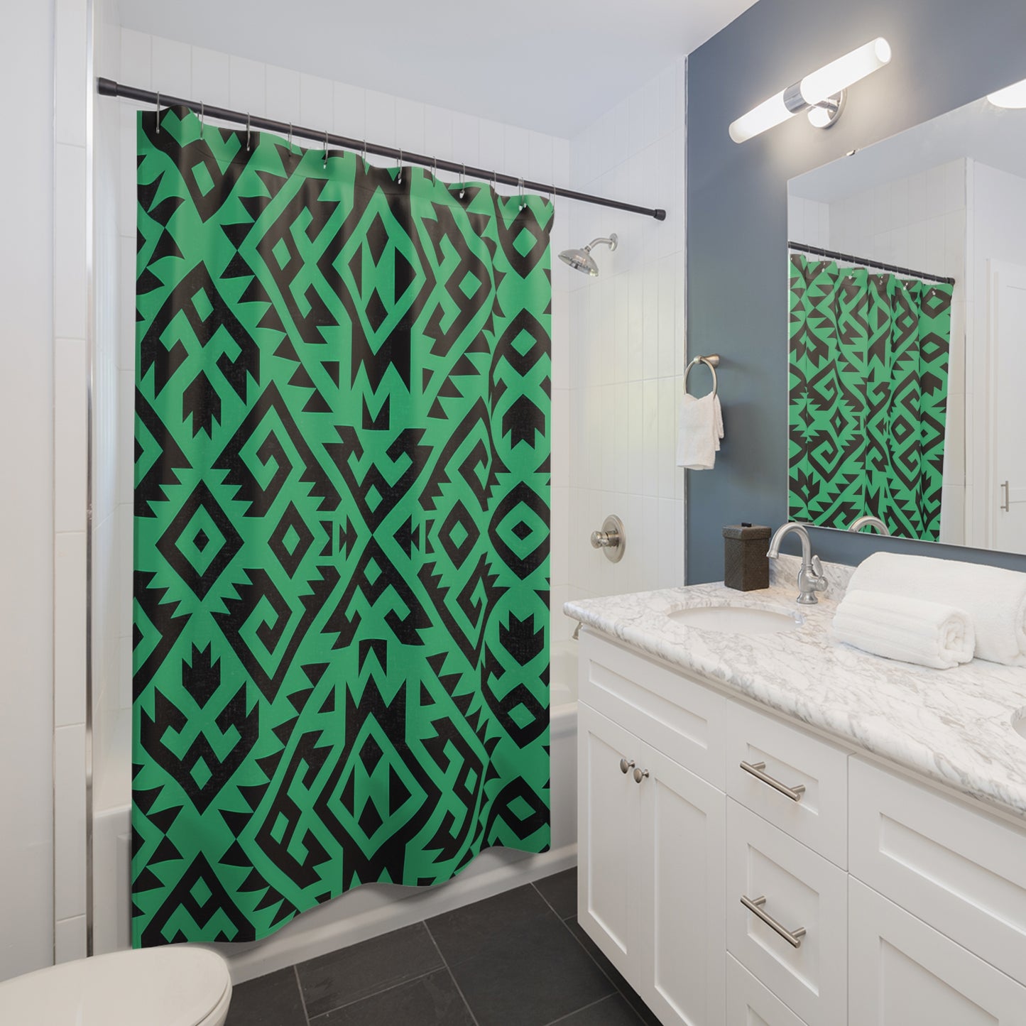 Geometric Aztec Boho Pattern Shower Curtain | Green Black Tribal Design