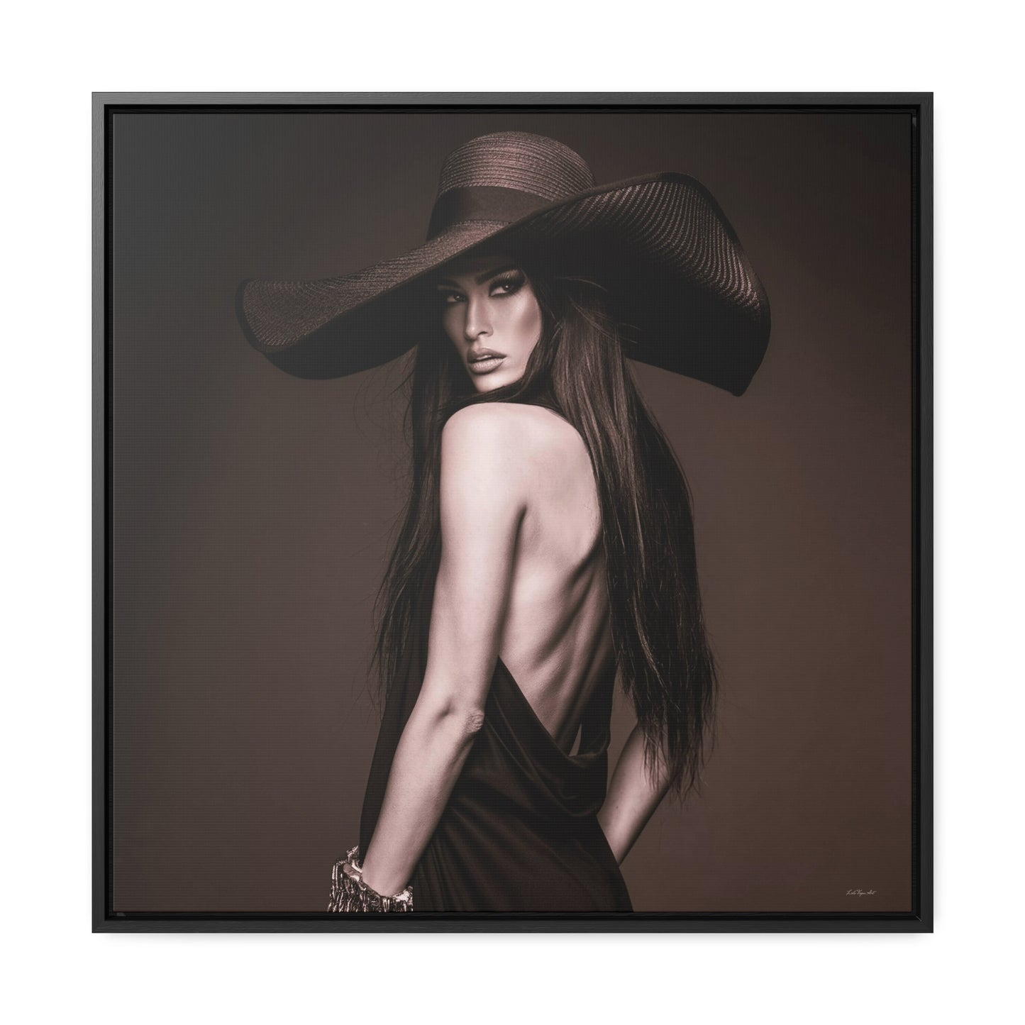 Canvas Wall Art, Sepia Tone Woman with Large Hat, Fashion Photography Decor, Moody Glam Home Decoration, Square Frame Print, Gallery Canvas