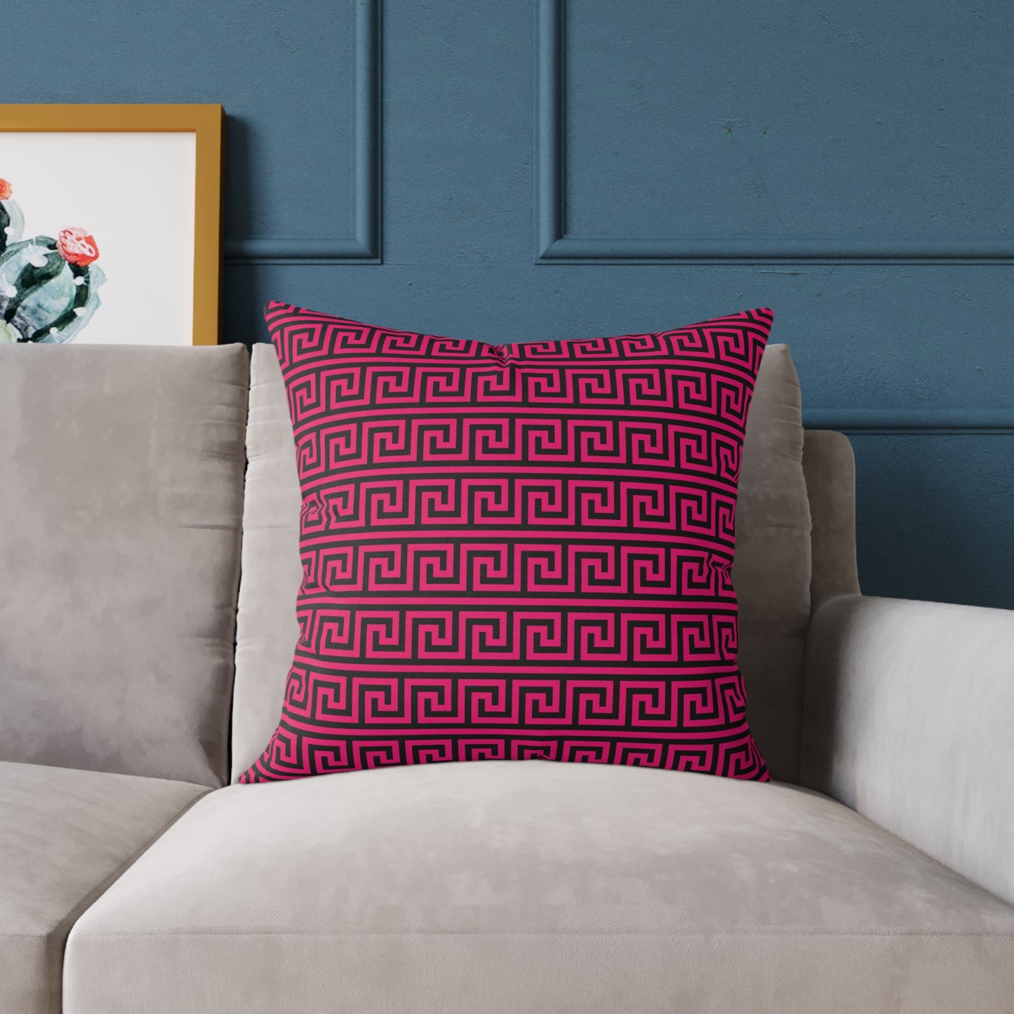 Greek Key Pattern Square Poly Canvas Pillow | Pink and Black Geometric Throw Pillow