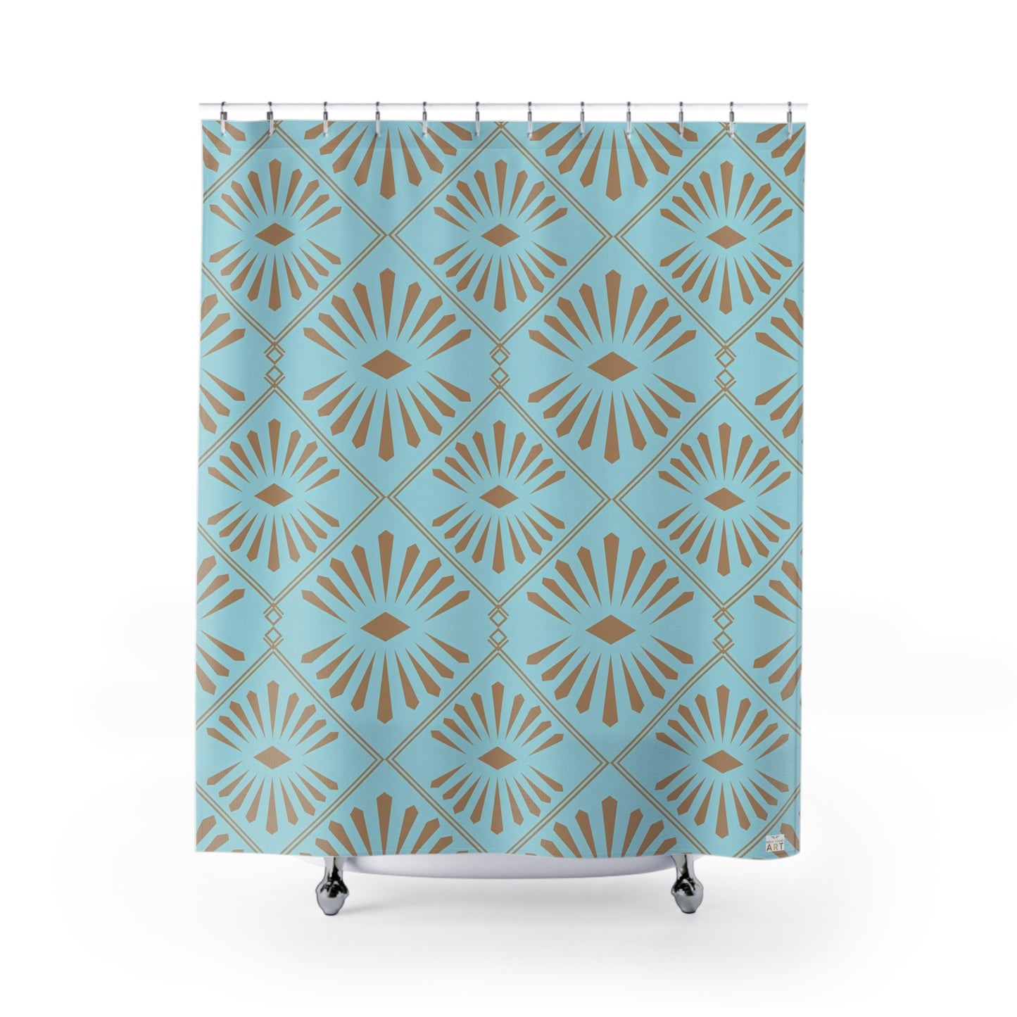 Turquoise Geometric Sunburst Shower Curtain | Retro Tile Pattern