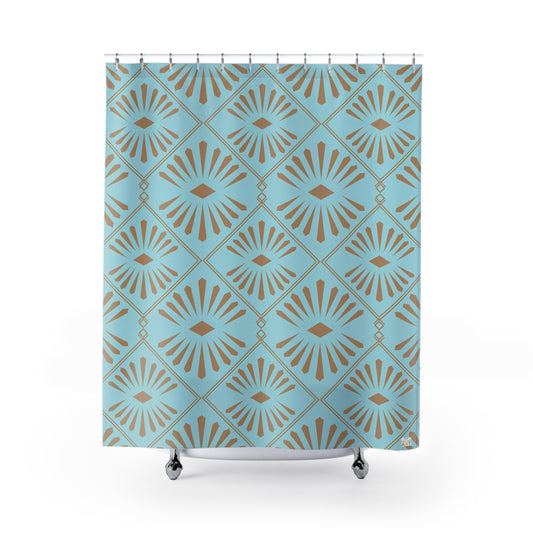 Turquoise Geometric Sunburst Shower Curtain | Retro Tile Pattern