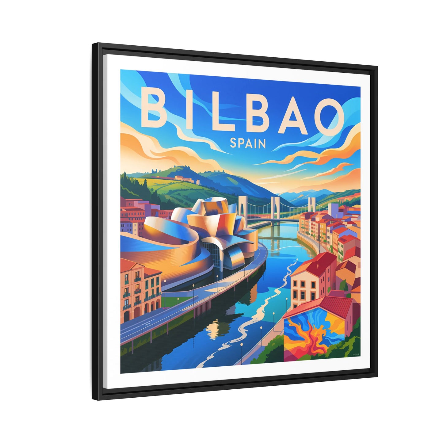 Bilbao Spain travel art Matte Canvas Framed | Bilbao cityscape wall art